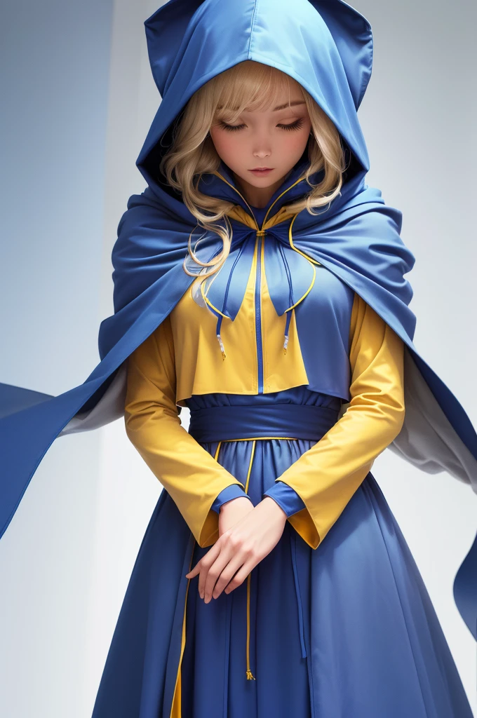  a close up of a person wearing a cape and a hood, inspired by Mœbius , dressed in a blue cape, hood and cape, Cloak.  extremely tall details , Wearing a flowing cape , blue cape, yellow-dress cultist, dress,  A bit of yellow and blue ,  caped ,  wearing a sci-fi hooded cape ,  wearing a hooded cape ,  the fabric covers the arms  ( The image doesn't touch the edges )