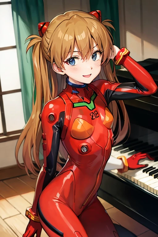 (( top quality )), ((masterpiece)), (be familiar with), perfect face, indoor, bedroom,  viewers because it's Shiragane in the middle of winter,
One woman,  Soryu Asuka Langley ,
開いた口,  ecstatic expression beside the piano, blush, smile,
 small tits,  flat chest, Young girl, Lori,  s,  girl,
 long hair,  twin tails,
Leg spread,