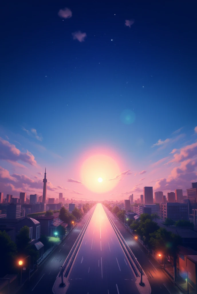 "Split scene artwork capturing night and dawn in a vertical composition. The upper half features a serene night sky with deep blue tones, scattered stars, and soft, glowing clouds surrounding a large, stylized full moon. The lower half transitions into a tranquil dawn cityscape, where the horizon is bathed in warm pastel hues of pink, orange, and light blue, casting a gentle glow over quiet buildings and empty streets. A large, stylized full moon stretches across both halves, uniting the scenes and symbolizing the passage of time. The composition blends the calm mystery of night with the hopeful stillness of dawn, creating a harmonious balance between darkness and light."
