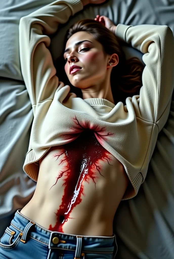 - [ ]  ((Pubic hair, Lower abdomen bristles, Crotch open, are large and about to spill out of bra)), Pubic hair sticks out of underwear , (((wide leg spread))), lying down, ((sweating)) , wet Crotch area, wet thighs, (((Potential NSFW))), Beautiful girl with accentuated slender abs: 1.4, tip sticking out, areola protruding, pubic shape clearly visible, Lots of lashes, Lame on the eyelids, Bright red lips,six-pack abs:1.4 ,wet, ((Open legs in famous street)) ,(((Moaning in pain, feeling pain, tears flowing, sore, crying in pain))), bust botox, sleeping beauty lying on her back, wet skin and hair, big breasts, bare lower body, no panties, Live ass), perfect body, open (perfect body, small ke), fashion photorealism, high definition sysie details, photography, sharpness, unique 850 4, koda850 k portrait camera, f1.6 lens, rich color, hyperrealistic texture, spectacular light texture, surreal art, Cinestil 800 fashion mechanism, (((frightened and crying))), covered in tears, obeying pain, moaning in pain, grimaces of pain,(1girl:1.3), solo, __body-parts__, official art, unified 8k wallpaper, ultra detail, beautiful and beautiful, beautiful, masterpiece, best quality, raw, masterpiece, ultra fine photography, best quality, ultra high resolution, photorealistic realism, sunlight, Full body portrait, amazing beauty, dynamic pose, delicate face, vivid eyes, (seen from the front), (((She wears a full-body superheroine suit))), torn full suit, (torn red short skirt), torn blue-black top, torn red cloak, sailor moon, highly detailed abandoned warehouse background, detailed face, detailed complex busy background, Messy and gorgeous milky white, highly detailed skin, realistic skin details, visible pores, sharp focus, volumetric fog, 8k UHD, DSLR, high quality, film grain, fair skin, photorealism, lomography, wet road