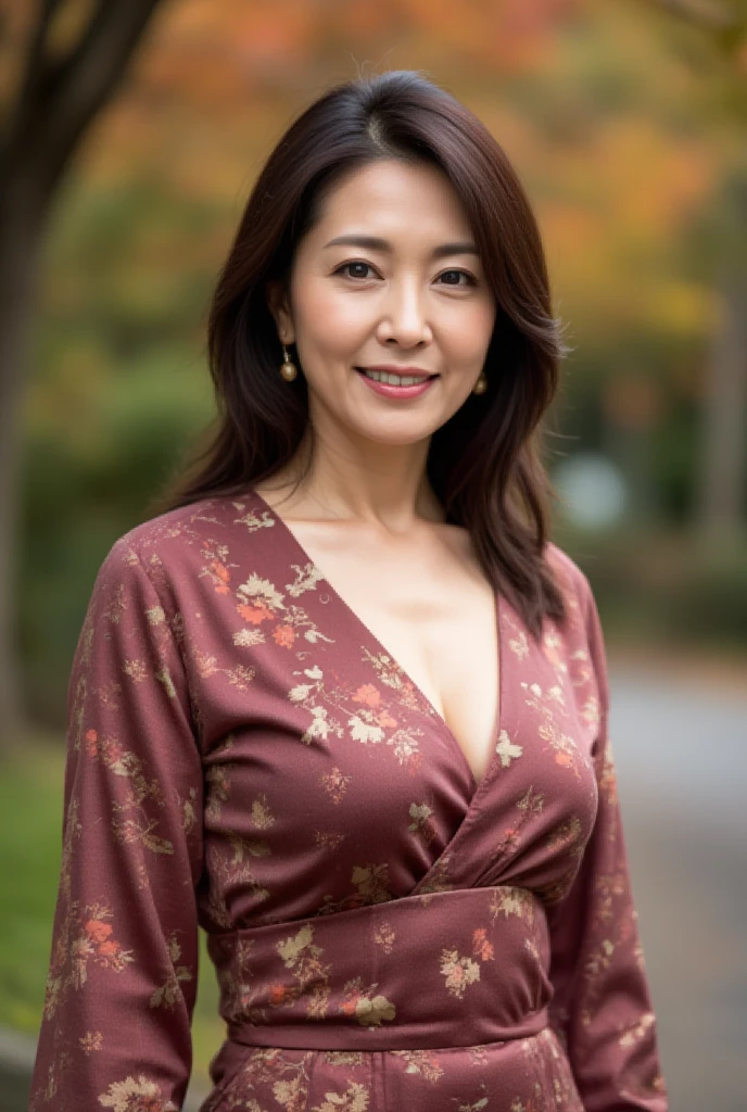 Mature Woman, ( Detailed description of hair ), ( face ), (Detailed description of the body), high res, masterpiece,  top quality ,  high detail, formal: 1.4), ( realistic : 1.2, 超 realistic な: 1.1,  realistic: 1.37), ( Sharp Focus : 1.4),  depth of field ,  physically-based rendering ,  wavy hair, ,  Unmatched Beauty , (Ultimate beauty), (lipstick:1.1), ( eyeliner :1.2), ( mascara), ( eyeshadow), (48 years old,: 1.4), Japanese、 close-up、 fine lines of laughter :1.2、seductive smile, Kimono color :  burgundy and gold
kimono design:  design of scattered autumn leaves
Point :  give the cup a lift effect 、A glamorous impression
Background :  Blurred Fall Foliage-lined Road
pose :  face slightly obliquely 、Elegant look