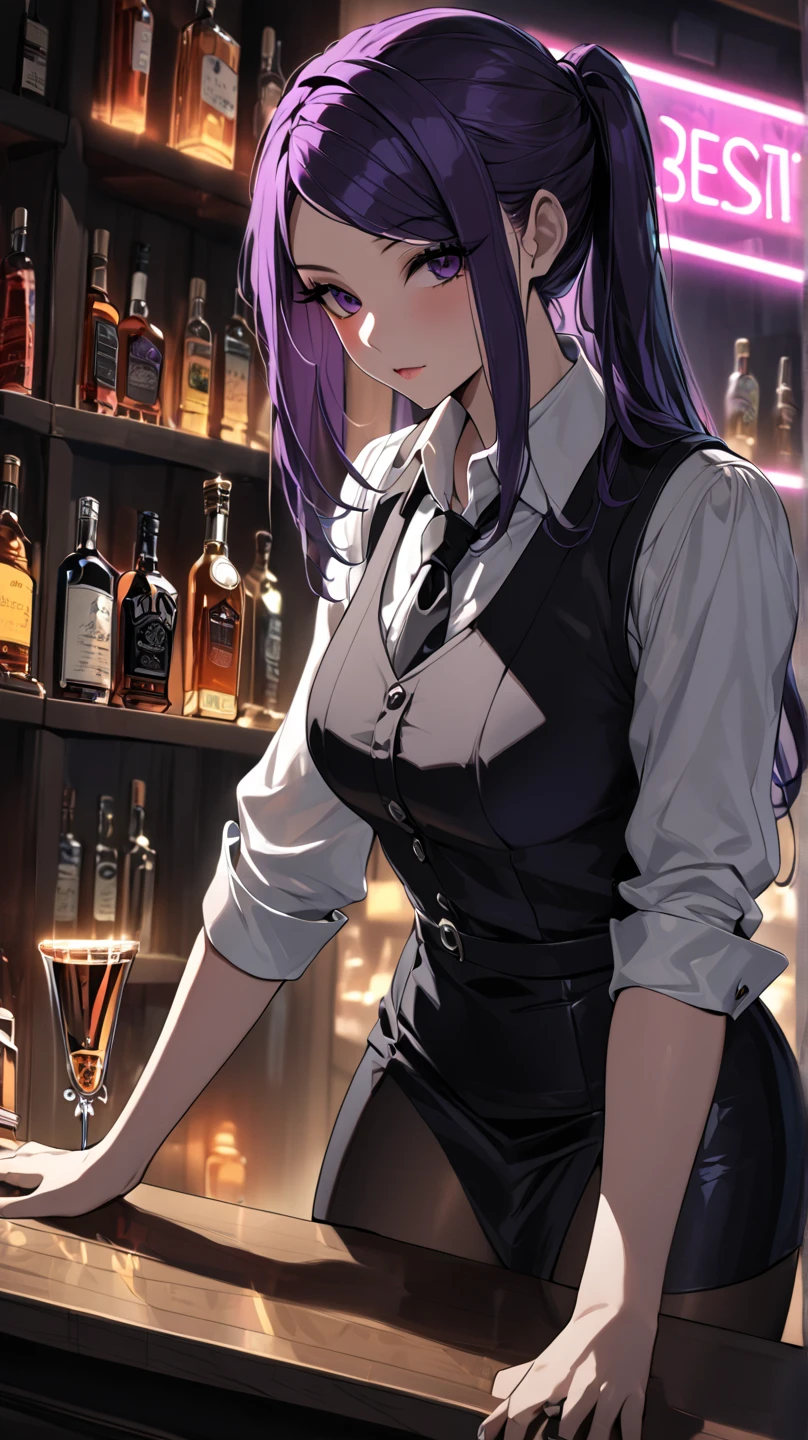 1lady solo, standing, bartender, (jill stingray, necktie, pantyhose, skirt, vest, white shirt behind the bar), dark purple hair ,(light smile:0.8), (masterpiece best quality:1.2) delicate illustration ultra-detailed, medium breasts BREAK ((colorful neon signs:1.2 on wall), (neon tube) glowing BREAK (fashionable bar counter) indoors, ((cocktail glass) filled with colorful liquor), (dimly lit room), liquor bottles, detailed background, detailxl