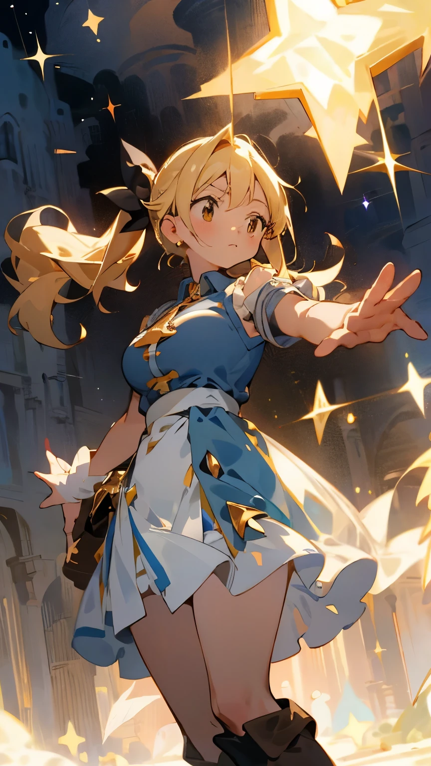 16-year-old girl、One girl, Magic key、Fairy, Pointed Ears, masterpiece, highest quality, High resolution, Lucy Heartfilia, Lucy Heartfilia, One girl, alone, Blonde Hair, Brown eyes, Long Hair, Side Ponytail, Hair Ribbon, Big Breasts, Earrings, Thigh-high boots, Blue Shirt, No sleeve, White Skirt, smile, Open your mouth, Dark Background, starlight, star,starをすくう、手のひらでstarを救い上げる