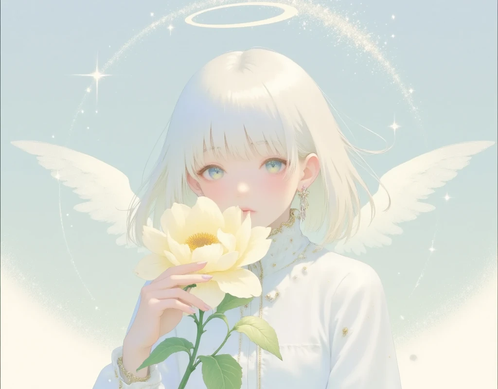 masterpiece, white silhouette art , 1girl, solo, white hair ,she is white shrine maiden with angel wings ,((she kiss a big flower)),from side ,Beautiful design, angelic atmosphere , bright image, glittering particles, shiny, soft color, kawaii anime, cute illustration, angell dust falling, fancy style,