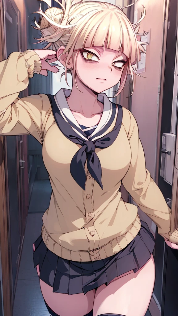 (\himiko toga:1.3)/,(Boku no hero academia:1.5),(Wearing),+, (a sexy miniskirt going up to the ass and a pink blouse with a neckline in the middle and the blouse ripped off) 