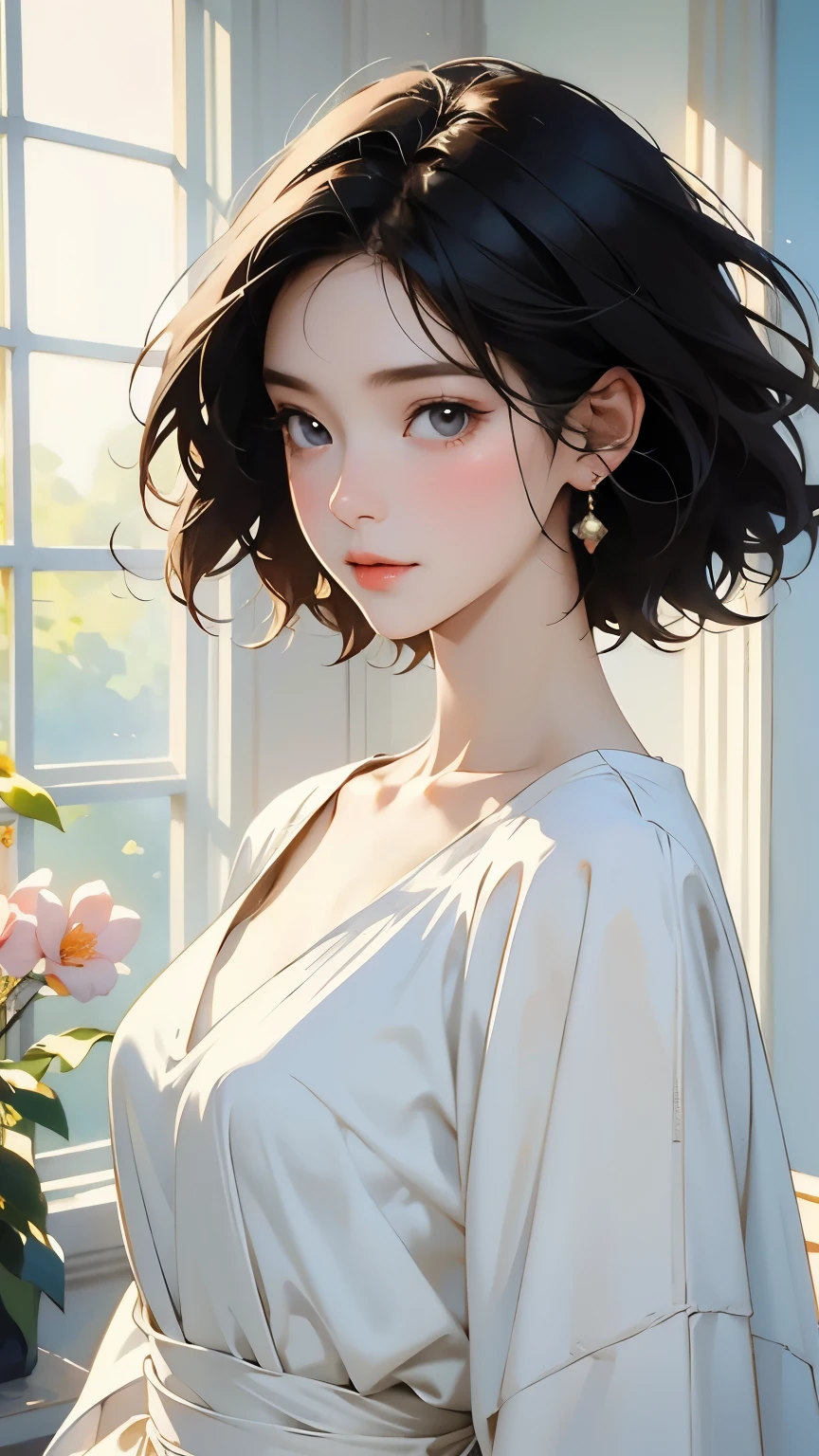 (masterpiece,  top quality :1.2),  1 Woman , Alone、 beautiful faces、 vibrant face、 dark-haired、 short hair、 beautiful hairstyle 、 Beautiful skin、Natural standing posture、whole body、  simple white dress、Cinematic lighting、Soft light、 soft focus、Bokeh、 simple background 、  blur the background  、