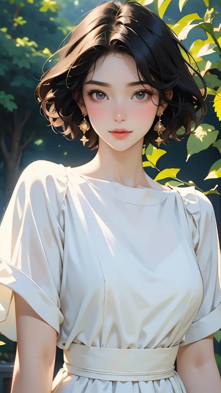 (masterpiece,  top quality :1.2),  1 Woman , Alone、 beautiful faces、 vibrant face、 dark-haired、 short hair、 beautiful hairstyle 、 Beautiful skin、Natural standing posture、whole body、  simple white dress、Cinematic lighting、Soft light、 soft focus、Bokeh、 simple background 、  blur the background  、