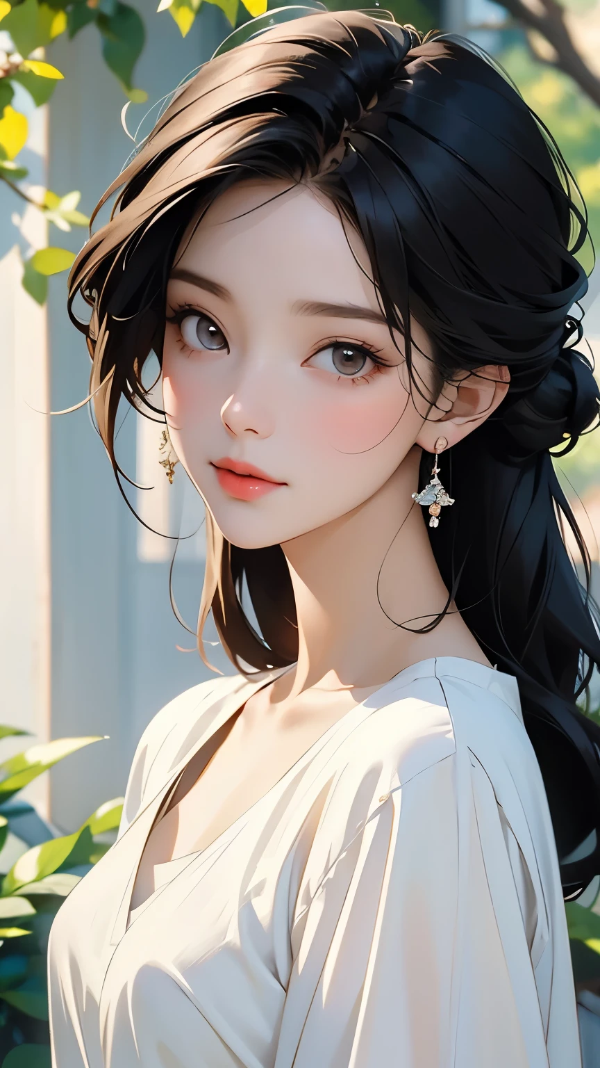 (masterpiece, top quality :1.2), 1 Woman , Alone、 beautiful faces、 vibrant face、 dark-haired、Hair Up、 beautiful hairstyle 、 Beautiful skin、Natural standing posture、whole body、 simple white dress、Cinematic lighting、Soft light、 soft focus、Bokeh、 simple background 、 blur the background 、