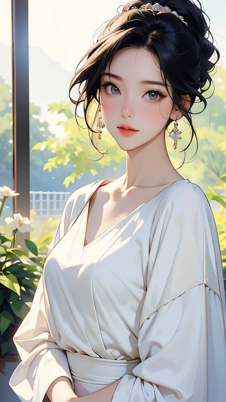 (masterpiece,  top quality :1.2),  1 Woman , Alone、 beautiful faces、 vibrant face、 dark-haired、Hair Up、 beautiful hairstyle 、 Beautiful skin、Natural standing posture、whole body、  simple white dress、Cinematic lighting、Soft light、 soft focus、Bokeh、 simple background 、 Blank background、 blur the background  、