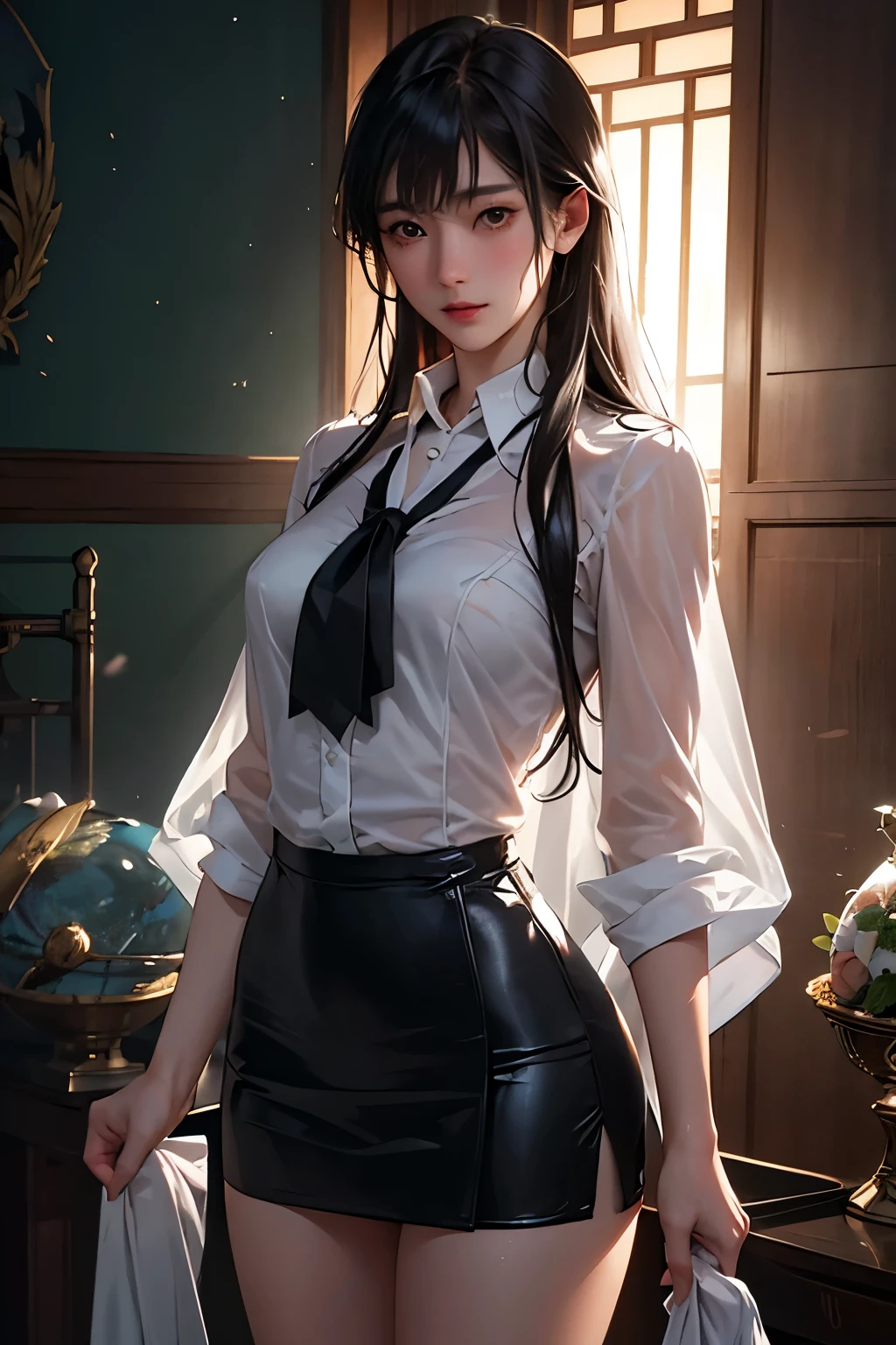 Lis Giolito, (business shirts, pleated skirt:1.2), bangs, ponytail, fluttering hair, long wavy hair, long curl hair, blush, gentle smile, tall stature, (flat chest:1.8), (huge hip, thick thighs:1.4), upper body from below, hands on hip, abandoned castle ruins, sunset