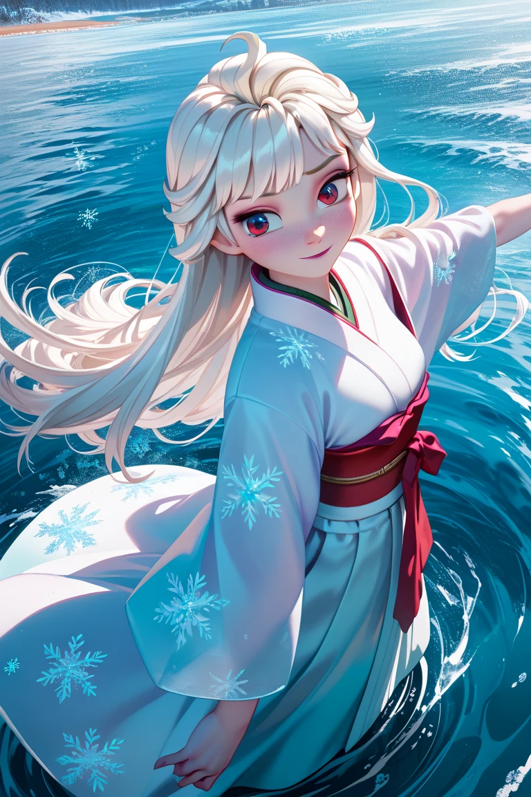 masterpiece,best quality,simple,minimalism,hime cut,cute japanese girl,(((straight white long hair))),troubled and groomed eyebrows,red eyes,slanted eyes,half opened eyes,white skin,white kimono red obi,(((dancing on frozen river)))