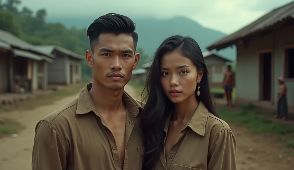 A handsome 30-year-old Indonesian man with layered hair, wearing a white singlet and black shorts, is riding an elephant with long tusks. The background features lush grasslands in heavy rain.