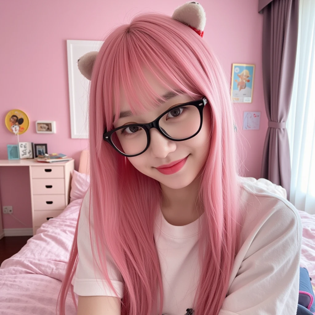 amateur shot. a pov of an instagram selfie : a woman in a pink themed student room without make up,smiling at the camera, she has long  straight pink hair with bangs,wearing a cosplay of anime girl. wearing black squared glasses perfect body, natural face , pale skin