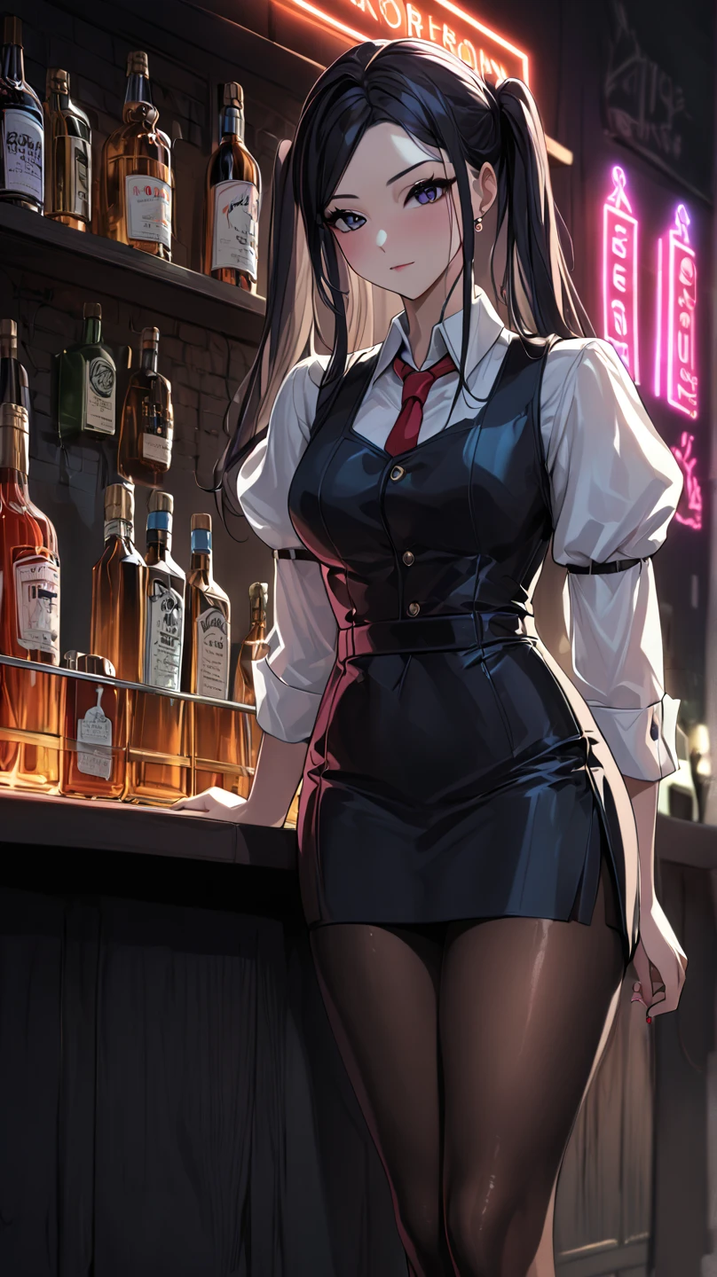 1lady solo, standing, bartender, (jill stingray, necktie, pantyhose, skirt, vest, white shirt behind the bar) tie, stylish outfit,(light smile:0.8), (masterpiece best quality:1.2) delicate illustration ultra-detailed, medium breasts BREAK ((colorful neon signs:1.2 on wall), (neon tube) glowing BREAK (fashionable bar counter) indoors, ((cocktail glass) filled with colorful liquor), (dimly lit room), liquor bottles, detailed background, detailxl