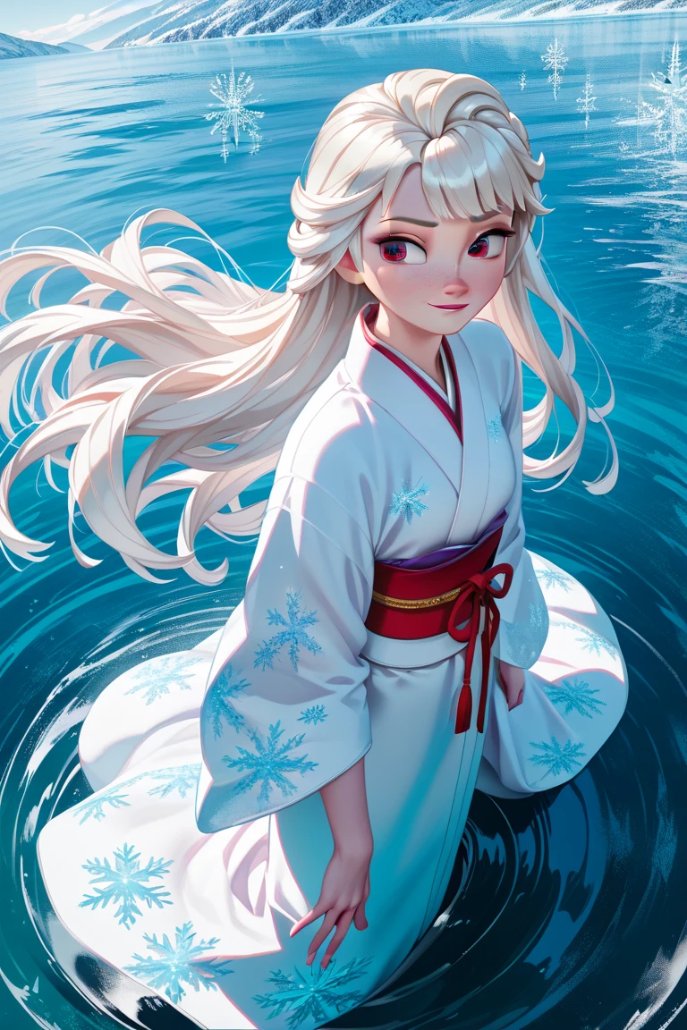 masterpiece,best quality,simple,minimalism,hime cut,cute japanese girl,(((straight white long hair))),troubled and groomed eyebrows,red eyes,slanted eyes,half opened eyes,white skin,white kimono red obi,(((dancing on frozen river)))