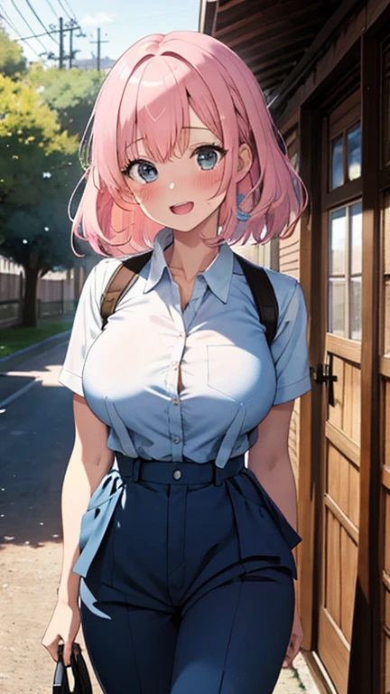 ((masterpiece, 最OK质量)), (1 girl), Light pink hair, sweet smile, blue eyes, short hair, (OK), White Polo Shirt, Wide jeans