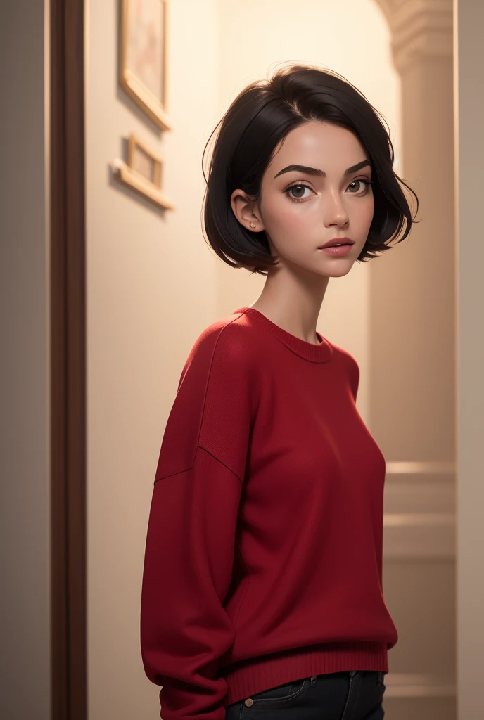 (masterpiece, best quality:1.4), 1girl, red wool sweater, straight short black hair,