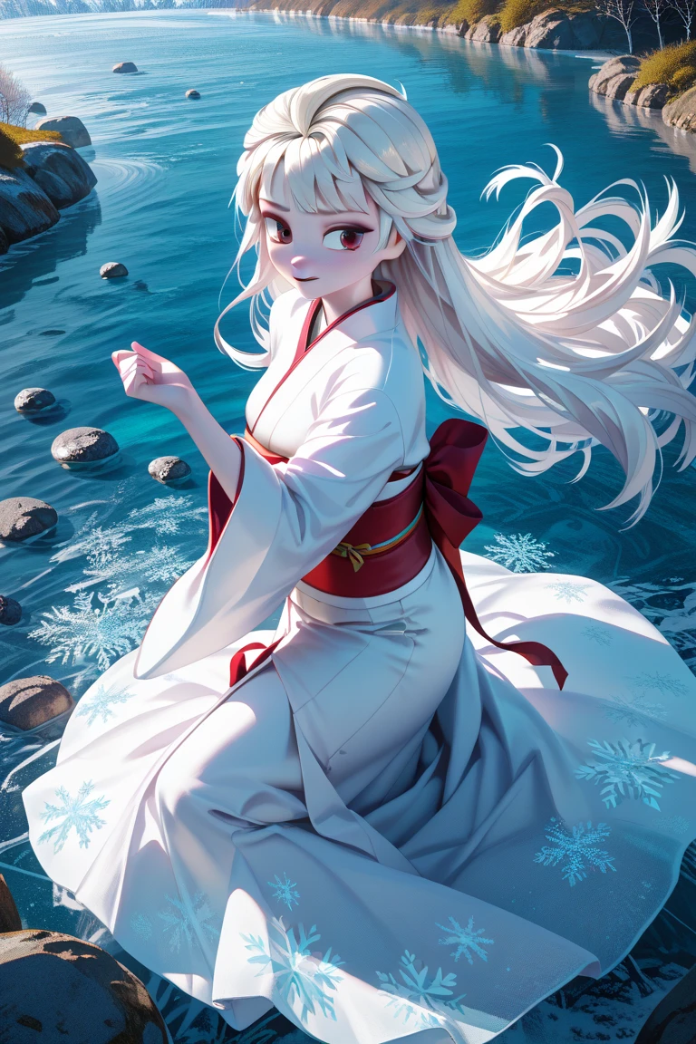 masterpiece,best quality,simple,minimalism,hime cut,cute japanese girl,(((straight white long hair))),troubled and groomed eyebrows,red eyes,slanted eyes,half opened eyes,white skin,white kimono red obi,(((dancing on frozen river)))