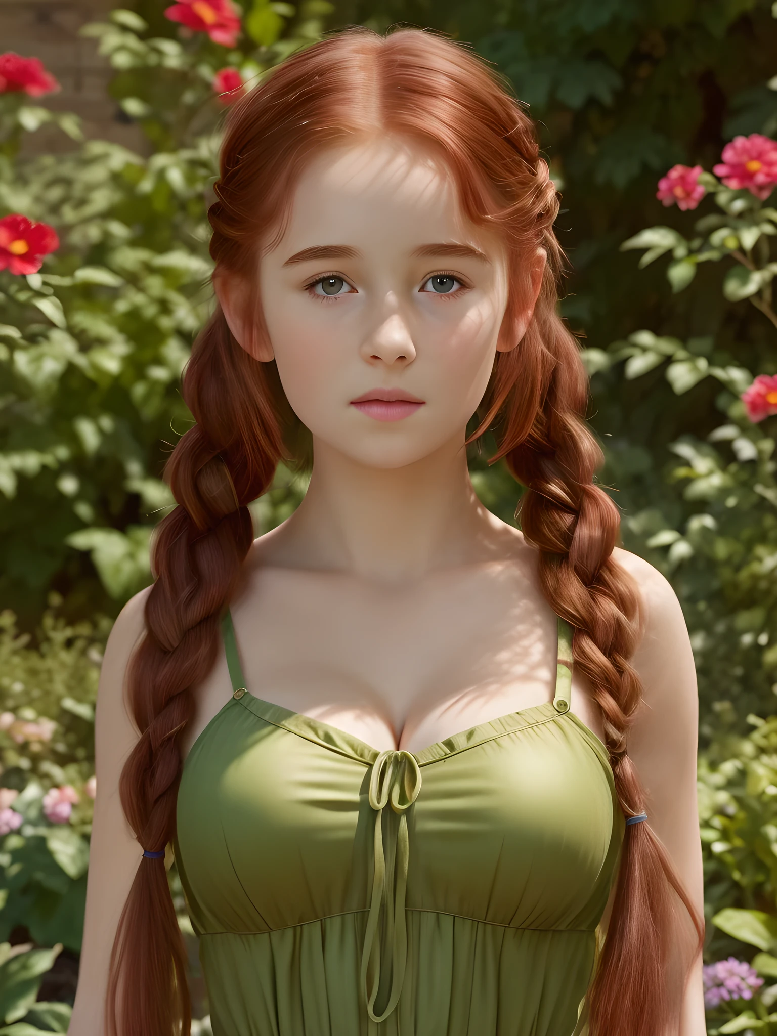 (best quality,4k,8k,highres,masterpiece:1.2),ultra-detailed,(realistic,photorealistic,photo-realistic:1.37), ((a girl in a garden, shy, pale skin)), ((very large bust size for her young age)), braided red hair