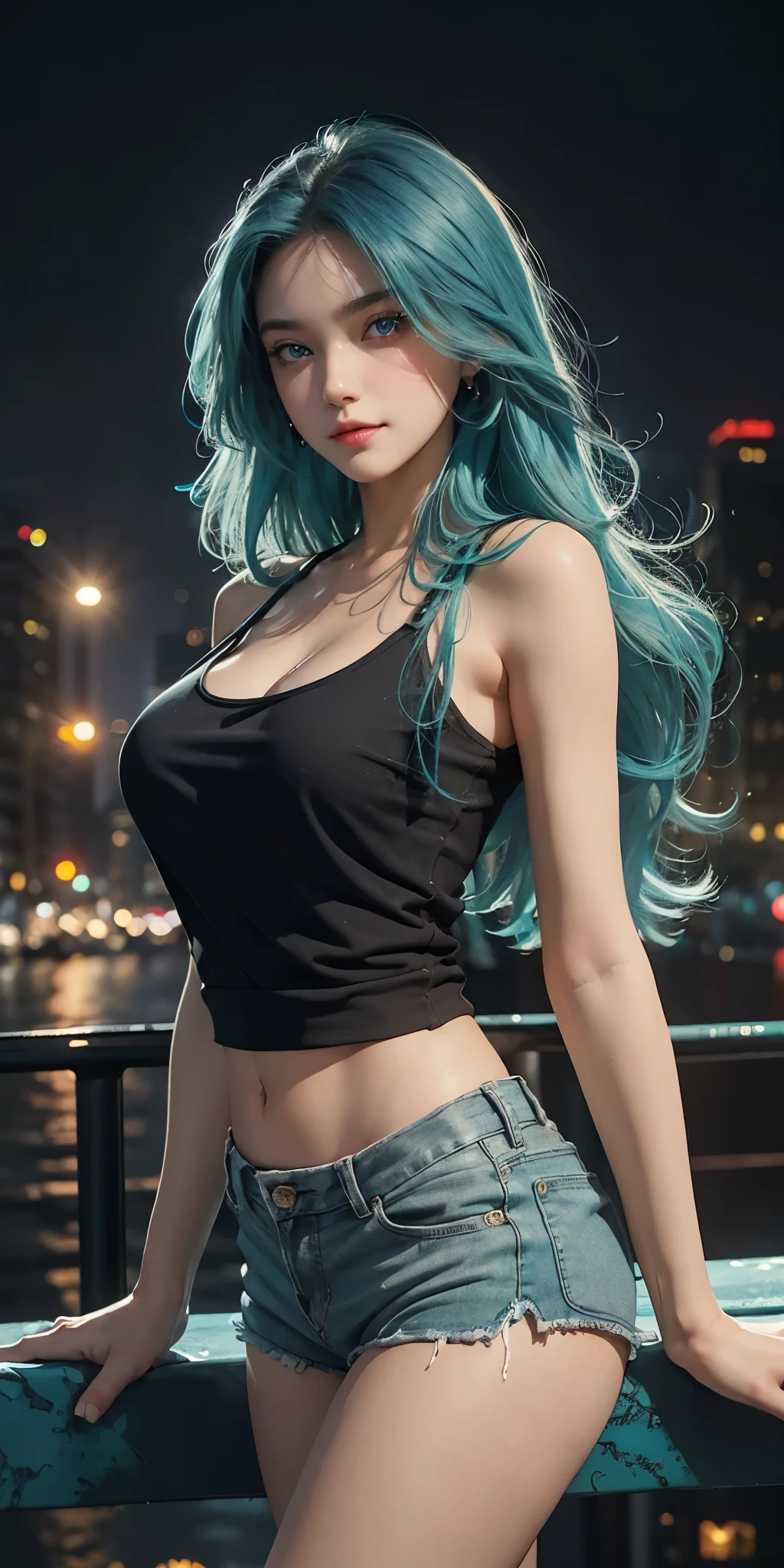 1 girl named Sarah with long light blue hair, dyed loose hair, Long hairstyle, perfect detailed face, Young pretty white girl, Hot-top model, Detailed symmetrical light green eyes with round irises, Beautiful, Walking and posing, Look at the observer, 19-year-old girl, looks like Madison Beer, extremely detailed face, Model, Realistic, Real life, perfect photorealistic picture, Realistic, hourglass figure, Stunning realistic photography, Detailed fingers, detailed realistic face, Soft fingers, real human nails, Extremely attractive girl, perfect detailed tan, small eyes, perfectly detailed face with realistic complexion and finely porous skin, small nose, Model, Perfect posture, Natural limbs, long legs, detailed symmetrical eyeballs, symmetric eyes, Realistic eyeballs, Realistic detailed eyes, cute plump closed lips, makeup, no long neck, no long waist, Perfect proportional body, seductive gaze, Looking in the direction of the viewer, Fascinating facial features, ah high, two arms, Two legs, one head, tiny breasts, realistic natural bodies, realistic shadows, Mystical epiphany, 8K, UHD, ((body facing the viewer, Pointing at the camera)), "wide-angle", Full-body shot, full pose, (photo studio white background), tempt a little, Cinematic world, Cover photo in the center of Hyperealistic, Stunning full-color, Cinematic, neoprene, behance contest winner, portrait of a, presented at Unsplash, stylized digital art, Smooth, extra high resolution, She  wearing a large white long T-shirt and black Acronym J36-S sweatpants (T-shirt only white), black and white sneakers, instagram model, 80mm , Streetwear , (((angled focus))) , Realistic,round ass