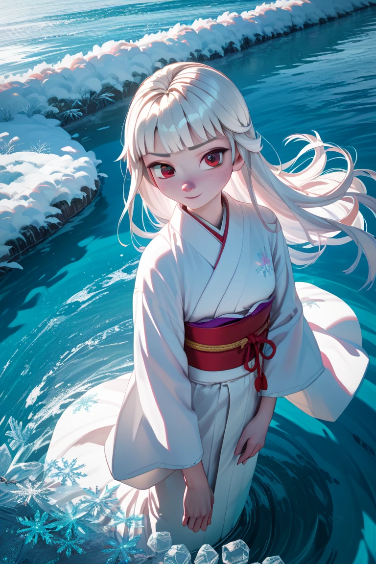 masterpiece,best quality,simple,minimalism,hime cut,cute japanese girl,(((straight white long hair))),troubled and groomed eyebrows,red eyes,slanted eyes,half opened eyes,white skin,white kimono red obi,(((dancing on frozen river)))