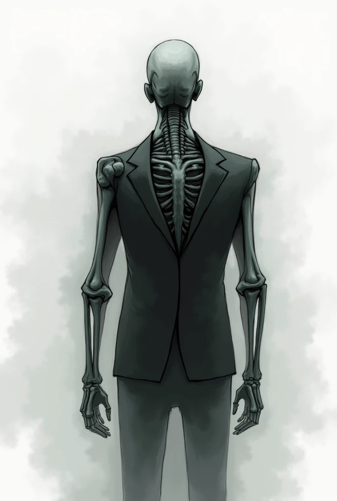 Drawing in white and black background of skeleton with suit and muscled ( minimalist design) back facing backwards