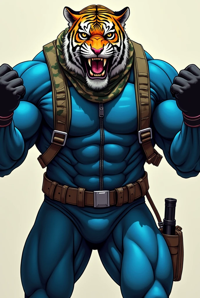 (A rugged beefy extremely muscular bulky old man), (wearing blue fullbody zipper wetsuit), (wearing realistic roaring tiger mask), raising fists, wearing harness, wearing bulky scuba gear, wearing army camouflage hero scarf, muscular physique, toned muscles, fierce, heroic, action, comic artstyle, bulky best quality, wearing black combat gloves. wearing gun holster on left thighs, dynamic action pose, fierce expression, showcasing an imposing stature, powerful, best quality image, action-packed atmosphere, masterpiece.