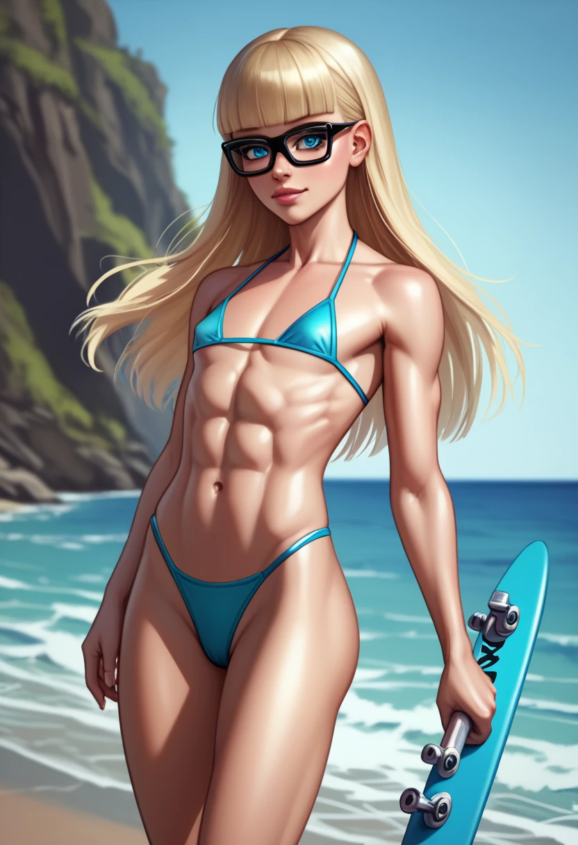 1 boy, solo, 1 boy, solo, solo, masterpiece, best quality, 18 years old, link, elf, tan skin, long blonde hair, blue eyes, eye shadow, lipstick, beach, micro bikini, spandex short shorts, ???? print,