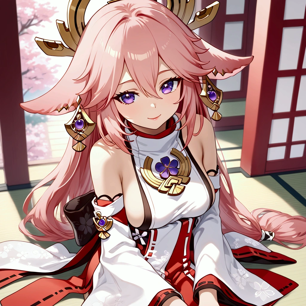 best quality,masterpiece,highres,solo,<lora:genshin_107_v1:1>,1girl, bare_shoulders, commentary_request, cowboy_shot, detached_sleeves, fox_ears, fox_shadow_puppet, genshin_impact, hair_between_eyes, hair_ornament, highres, large_breasts, long_hair, nail_polish, nontraditional_miko, pink_hair, pink_nails, purple_eyes, sideboob, sidelocks, simple_background, smile, solo, vic_1223, white_background, white_shirt, wide_sleeves, yae_miko