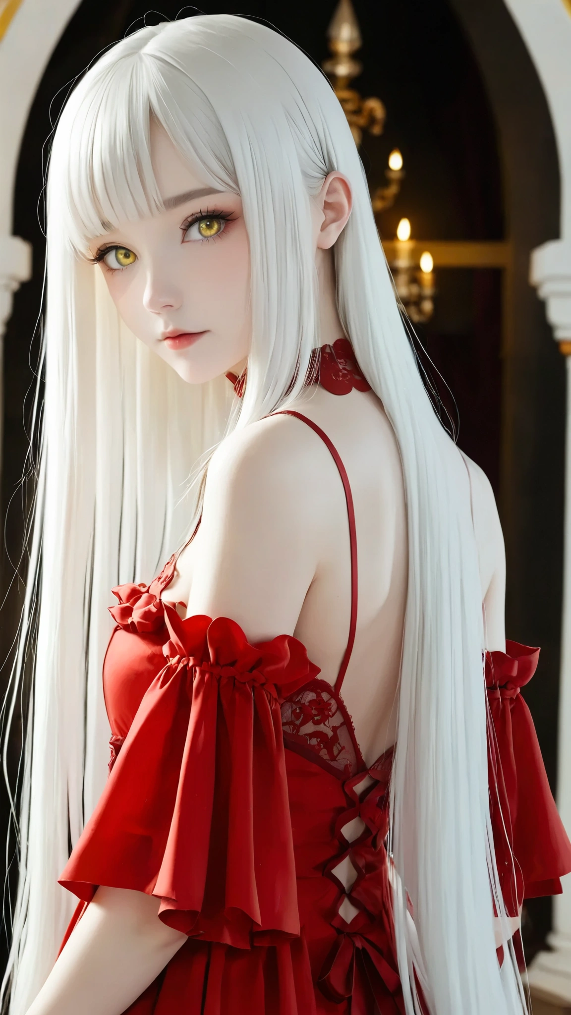  back view、 dress with an empty back,  Red Dress 、 Sexy Dress 、cute girl,masterpiece, ((   long hair )),   long white hair  ,   very long straight hair, Short bangs,  white skin,   pale yellow eyes like Halloween   , Narrow shoulders,  Moderate bust , royal palace、gorgeous background 、