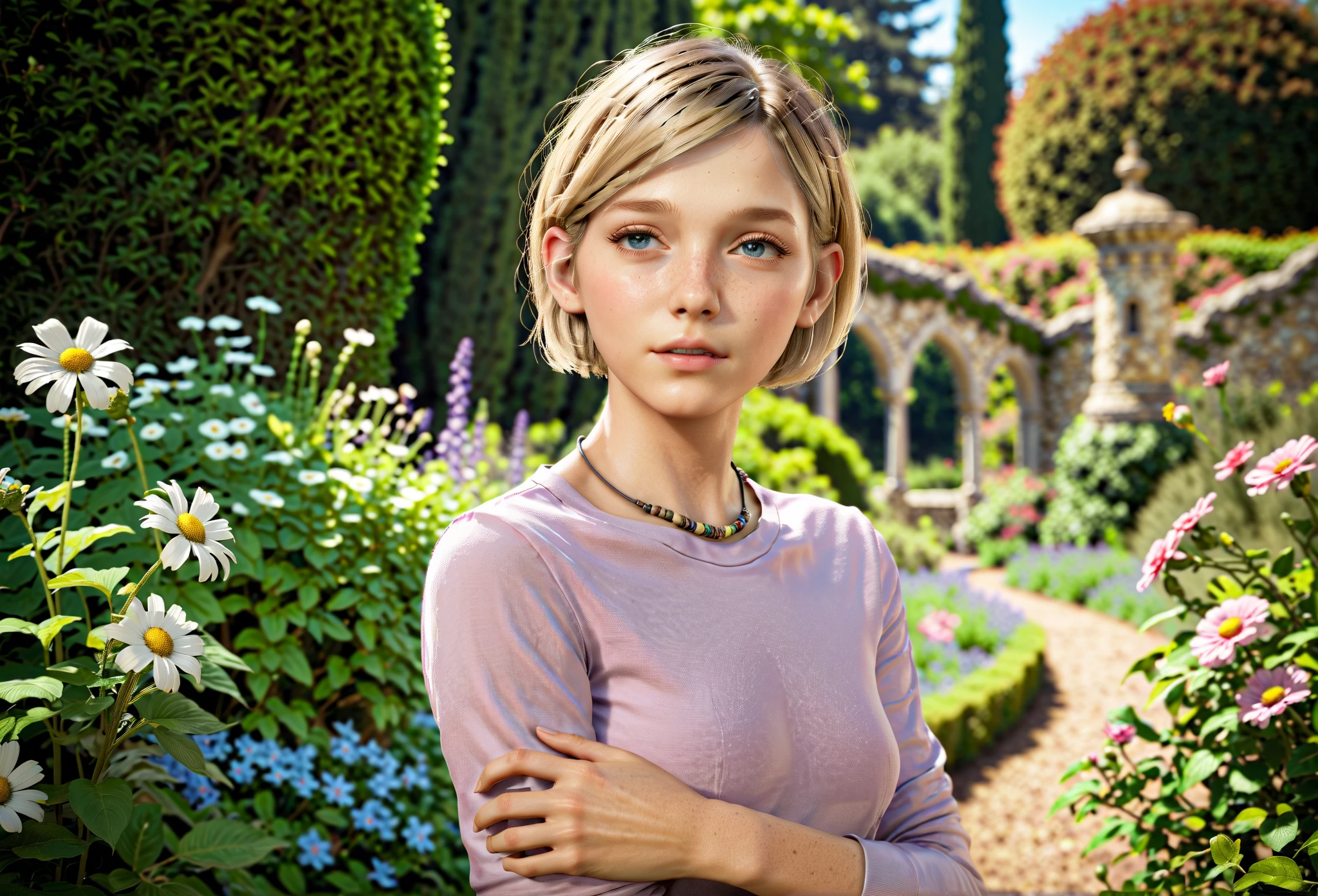 award winning photo shot of Sarah Miller  in a majestic garden, , cute, blonde hairs, short hairs,
awesome photo shot, best quality,
