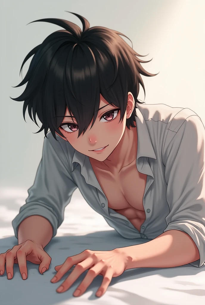 Highest quality、Realistic、male、zoom、Orange eyes、short black hair、Shiny swimwear、thin、Dark Skin、Inappropriate smile、Bedroom、Bust Shot、