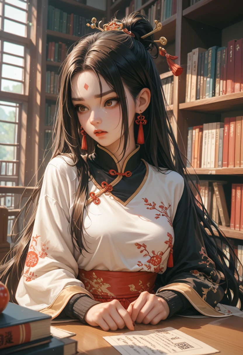  dark hair to the waist,  brown eye , a sharp face with a birthmark on the forehead , Very ,  traditional Chinese streetwear, black and gold ,  clothes inside the Chinese library, ass under clothes ,  girl turned into embarrassment , in the hallway.