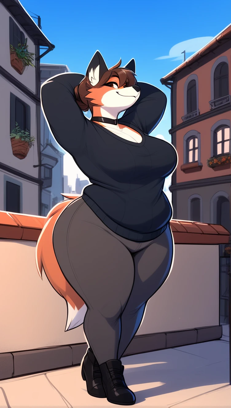 By bebebebebe, by lostgoose, by goonie-san, solo, muscular, canine, ((black wolf, fluffy)), smirking, hands behind head, wavy hair, ((copper hair)), (snout), big breasts, curvy, thicc, overweight, milf, chubby, standing, wrinkly, italian city, massive, size of a building, ((she is a 20 foot tall woman)), detailed eyes, (((prada))), cleavage, sweater, pants