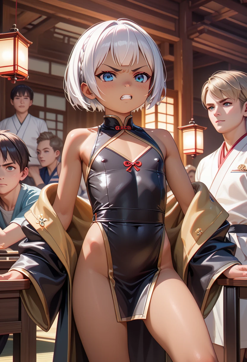 ((high quality)), ((nsfw)), ((highest quality)), ((high quality illustrations)), ((ultra-high resolution)), ((detailed Background)), ((shoin-style room interior background)), ((crowded with boys relaxing on a summer day)), ((summer season)), ((sunny day)), ((masterpiece)), ((wide shot)), ((good lighting)), ((high quality lighting)), ((perfect anatomy)), ((sexually active)), ((1girl)), ((loli girl)), ((dark skin)), ((petite body)), ((flat chest)), ((flat-chested girl)), ((petite legs)), ((body outline)), traditional japanese hadajuban dress, detailed hanten jacket over the dress, traditional japanese kimono, detailed hanten jacket over a black dress, wearing white loincloth, angry, angry eyes, blue eyes, short hair shaved on the sides, white hair