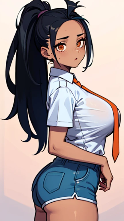 Nemona has huge breasts showing and she is wearing her white shirt with her orange tie and she is wearing her blue shorts and she has a cute face and she is tired 