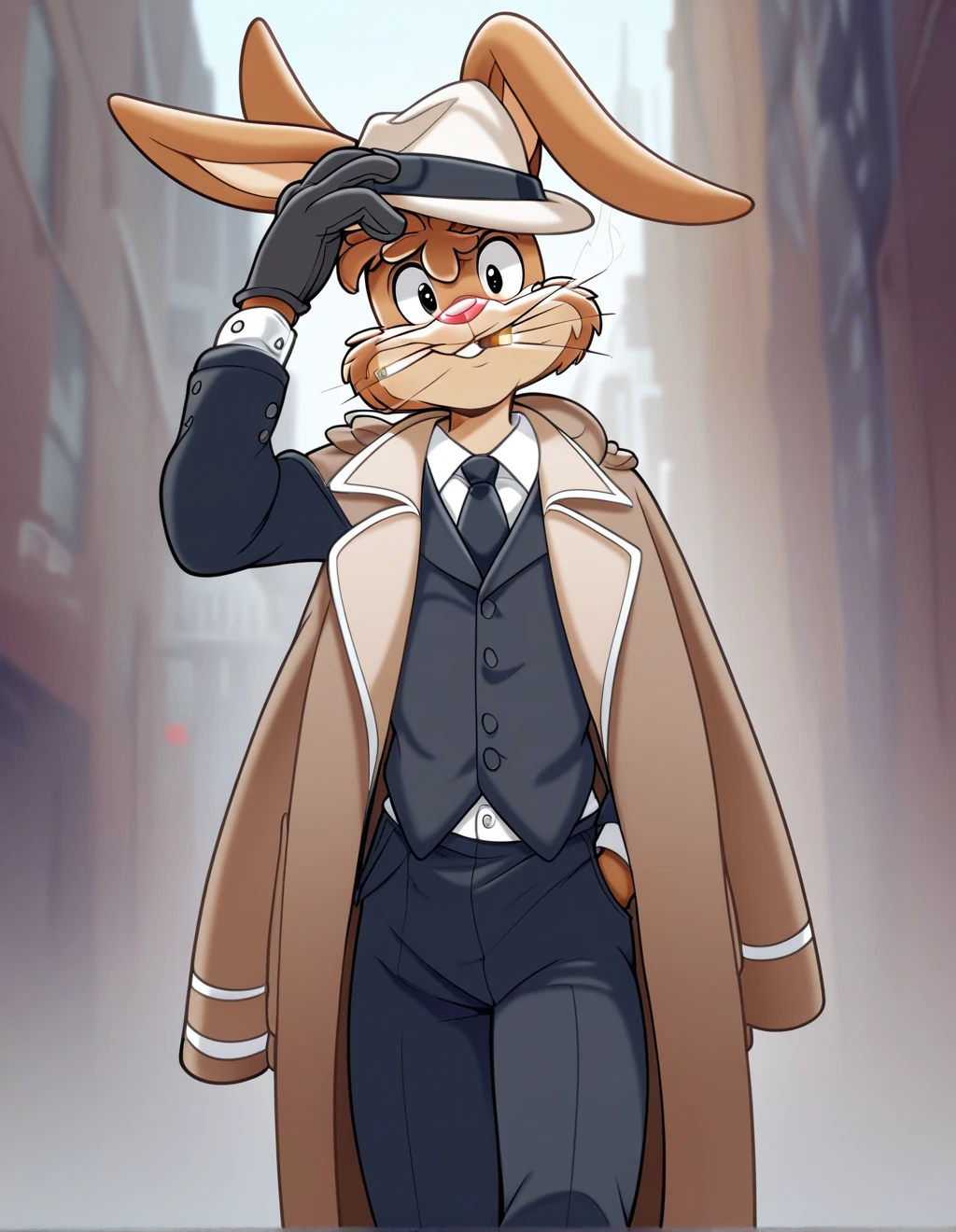 zPDXL3,quicky,4 fingers,brown fur, black pants, necktie, gloves, suit, fedora, white, shirt, black vest, coat, cigarette, New York style, standing, young adult, cute version of quicky, cute rabbit hair, furry, rabbit, male, gay, femboy, slim,solo,looking_at_viewer,