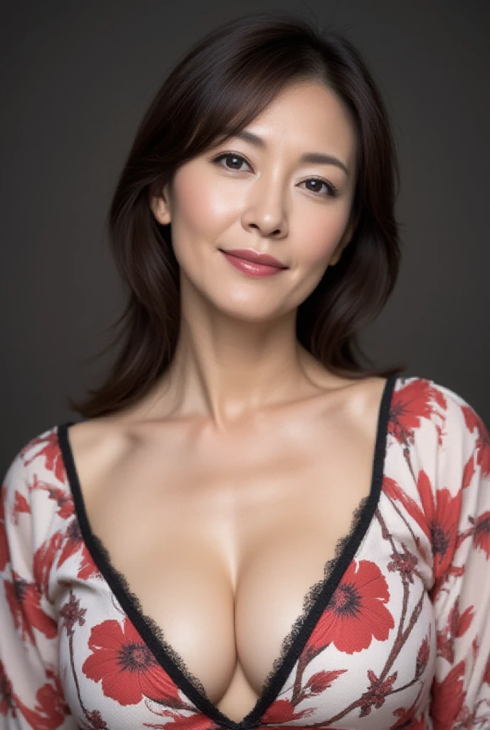 Mature Woman, ( detailed description of hair ), ( face ), (Detailed description of the body), high res, masterpiece,  top quality ,  high detail, formal: 1.4), ( realistic : 1.2, 超 realistic な: 1.1,  realistic: 1.37), ( sharp focus : 1.4),  depth of field ,  Physically Based Rendering ,  wavy hair, ,  Unmatched Beauty , (Ultimate beauty), (lipstick:1.1), ( eyeliner :1.2), ( mascara), ( eyeshadow), (48 years old,: 1.4), Japanese、 close-up、 fine lines of laughter :1.2、seductive smile, Kimono color :  dark red and white
Kimono design : A pattern delicately depicting plum branches and flowers
point :  support design that supports the bust line
Background :  monotone evokes the serenity of a winter garden
posing:  emphasizes beautiful lines from chest to face 