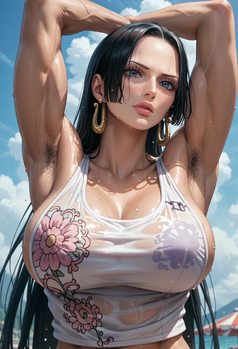 (Boa Hancock), body sweat, sexy armpit hair, beautiful lips, sky background, close up armpit, wet armpits, look at the armpit, tank top, big breast, ((GIANT MUSCULAR HUGE))