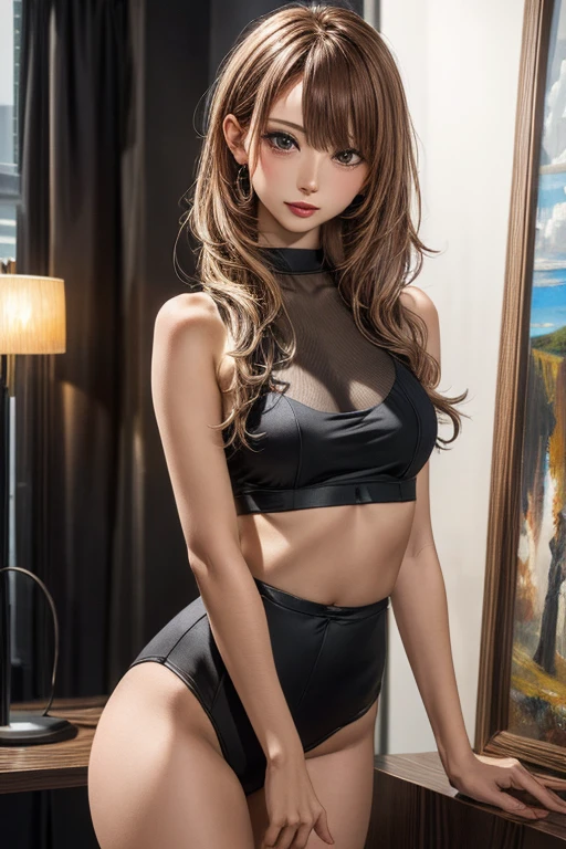 ubel,dark green hair,long hair,side ponytail,hair between eyes,bangs, BREAK (beret, black jacket, open clothes, cleavage, midriff, black shorts, black thighhighs, thigh strap, fingerless gloves, single glove:1.2) BREAK blurry background, BREAK pose, hand on hip, BREAK (masterpiece:1.2), best quality, high resolution, unity 8k wallpaper, (illustration:0.8), (beautiful detailed eyes:1.6), extremely detailed face, perfect lighting, extremely detailed CG, (perfect hands, perfect anatomy),