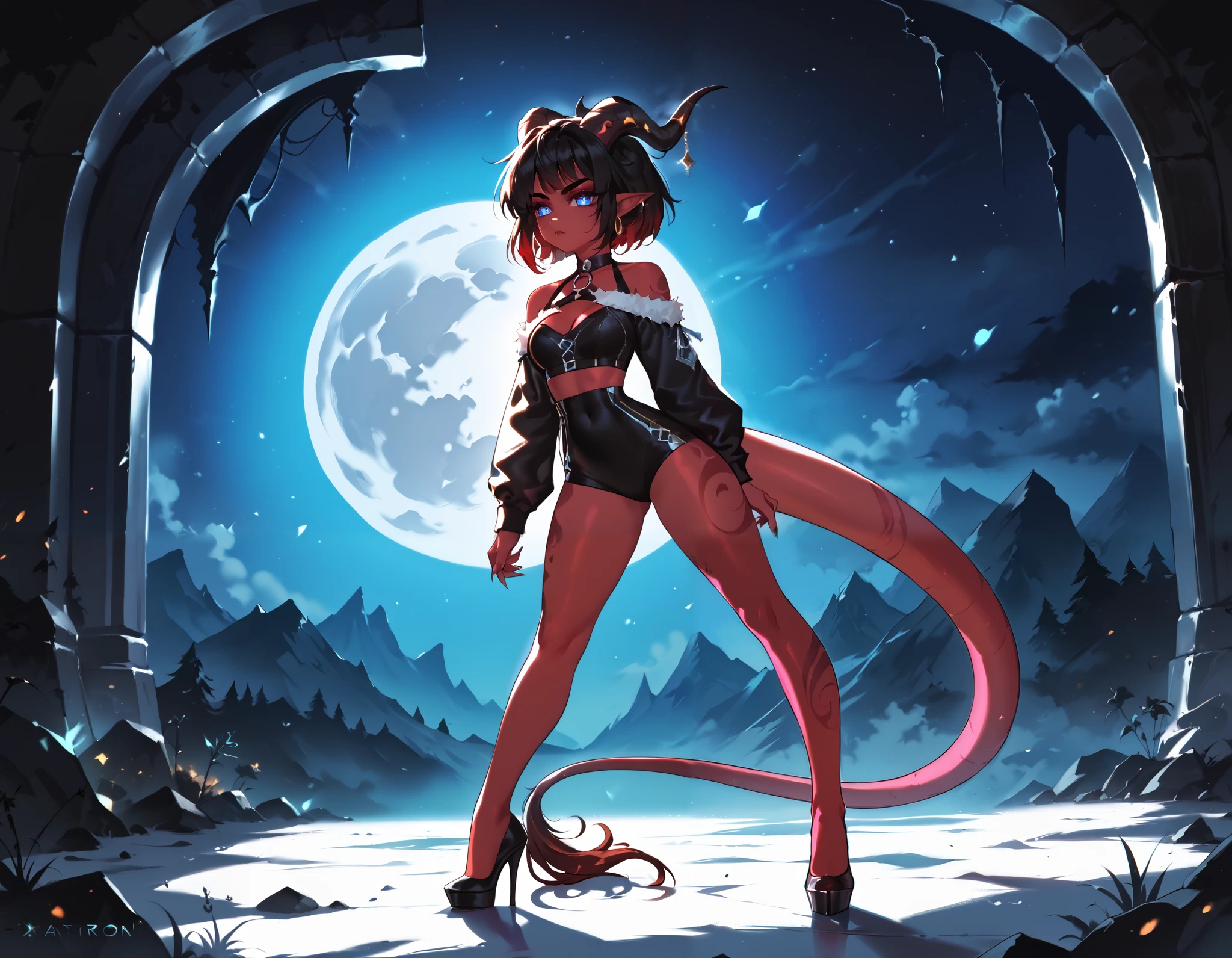 studio portrait of female demon,Tiefling, female, horns,blue eye,short ears,short hair, red skin, dragon horns, , Tiefling, mysterious, black ram horns, black curled horns, curved horns, demon horns, long black hair, rpg, slim waist, wide hips, long legs,artstation trending, high quality, sombre mood, artstation trending, , fantasy, extremely detailed, digital painting, artstation, concept art, smooth, sharp focus, illustration, stunning lighting, art by artgerm and greg rutkowski, curvy woman, mature woman, beautiful and lusty face and body, harmonic face and body, best quality, , unreal motor render, grumpy lighting, glow, bright, mysterious, mystical, magical, rim lighting, vibrant