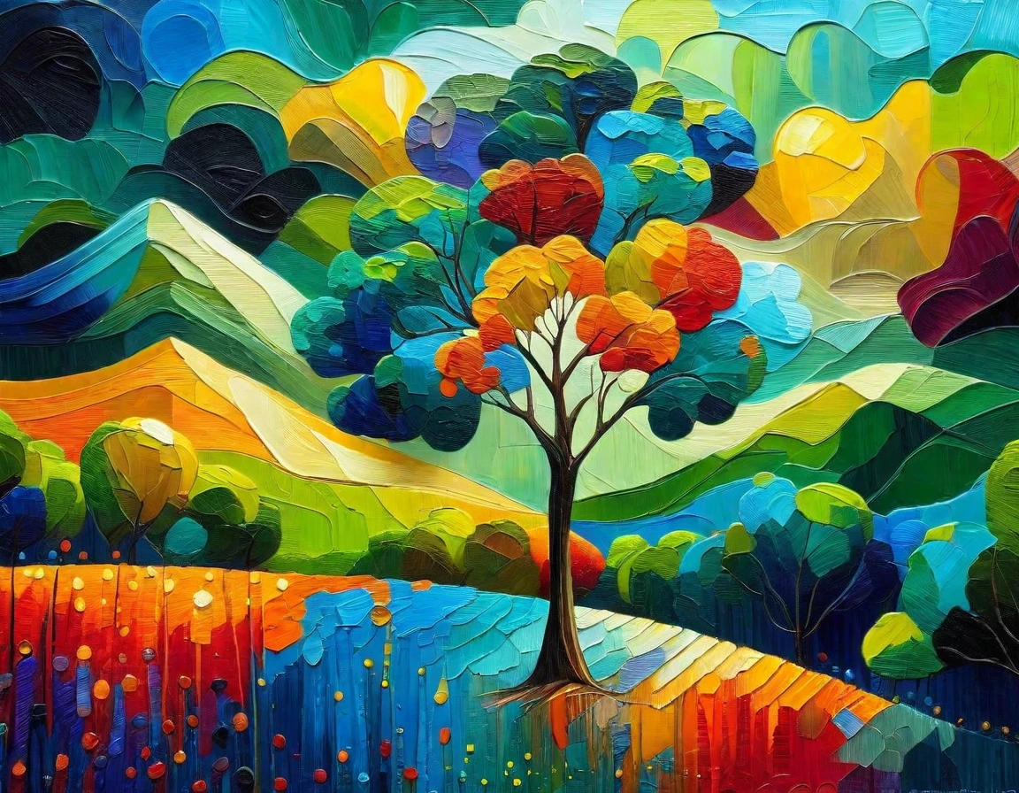 Top quality, high resolution, best composition, impasto oil painting, abstract art, high quality oil painting, palette knife painting, cubist tree painting, colorful and rich in details, vibrant abstract landscape, vibrant scenery, fantasy landscape art, stylized painting brush stroke oil painting, a painting of one large tree symbolically standing in the middle of a field, there are several trees in the background, the tree grows in a vast grassland, detailed landscape, high resolution digital art, high quality desktop wallpaper.