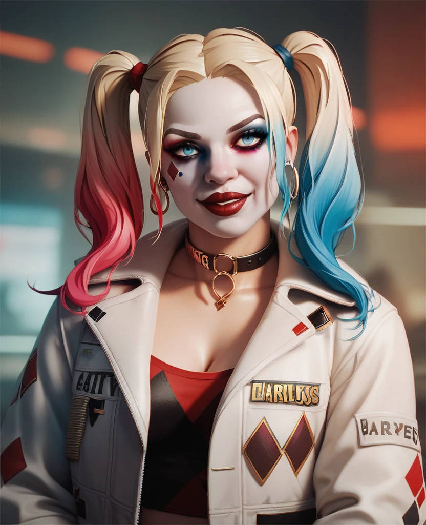 A captivating and vibrant cinematic illustration of Harley Quinn, the enigmatic clown girl from Suicide Squad. Her red and black jester suit, adorned with golden studs, clings to her curvaceous figure, leaving little to the imagination. Her signature red and blue pigtails bounce playfully, framing her face, which is covered in heavy makeup and a menacing red lipstick. Intricate details bring out the texture of her wild, unruly hair, and her piercing green eyes sparkle with mischief and unpredictability. The scene is bathed in dramatic and contrasting lighting, creating a gritty, urban atmosphere that perfectly embodies the