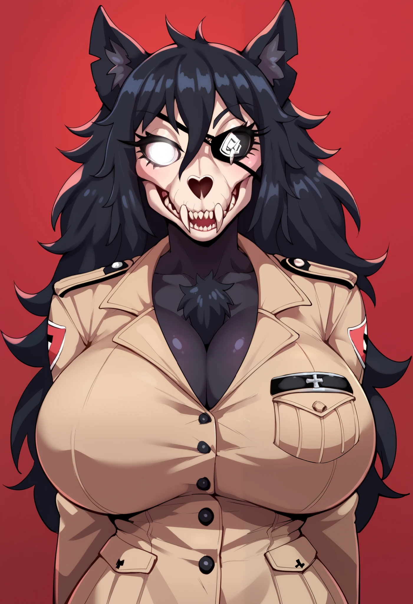 score_9, score_8_ up, score_7_ up, score_6_ up, break, SCPMalOPXLv2 , anthropomorphic furry , hairy woman , Body hair, Black fur, Dog skull , sharp teeth, Black eyelashes, White Eyes, Shining Eyes, black sclera, black hair, long hair, Hair between the eyebrows, animal ears , Big Breasts, Nazi Wehrmacht uniform , eye patch on left eye , wearing Heil Hitler and equipped with a whip,Alone, (Front View)