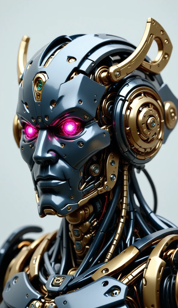 detailed anthropomorphic samurai robot cyborg head,minimalist background,Herge style tin-tin comics,colorful,detailed,high quality,best quality,4k,8k,highres,masterpiece:1.2,ultra-detailed,realistic,photorealistic,photo-realistic:1.37,HDR,UHD,studio lighting,ultra-fine painting,sharp focus,physically-based rendering,extreme detail description,professional,vivid colors,bokeh