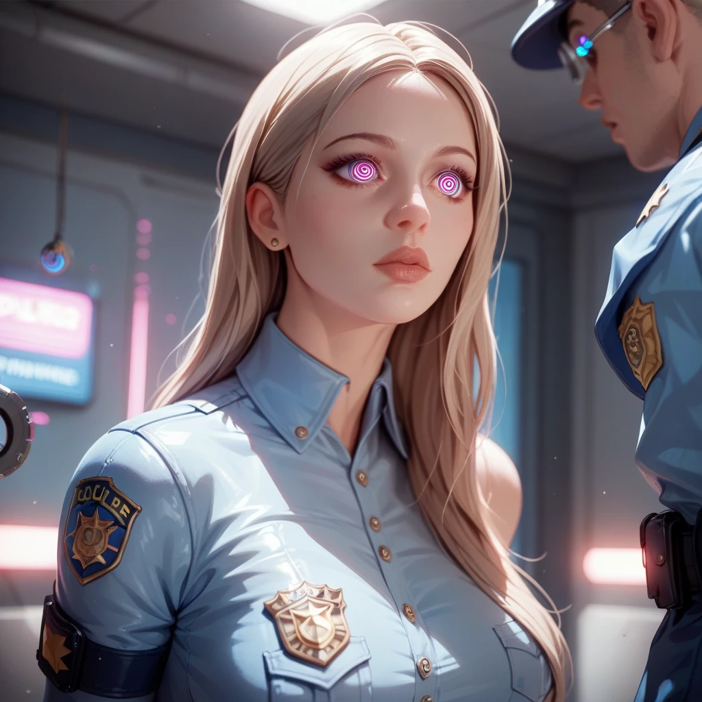 Sexy police woman,futurisit suit ,long hair, ,big boobs, futuristic police department, work seating, hypnosis screen ,straight empty vacant hypnotized stare, 