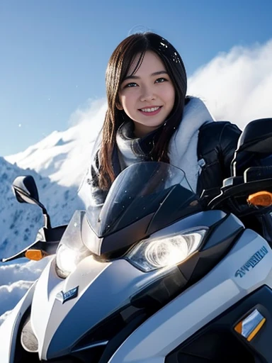 A person is driving a snowmobile in the beautiful landscape of a snowy mountain. She is wearing winter gear and is exposed to the cold wind, kicking up a cloud of snow. Under a clear blue sky, a world of silver spreads out before you, with tall mountains towering in the distance. The snowmobile is a vibrant red color and is painted with exquisite detail. Sharp shadows are cast in the winter light, and the snow particles sparkle. The realistic depiction and dynamic angle capture the dynamism of this moment, ((masterpiece)), ((best quality)), (ultra-detailed), ((beautiful eyes)), Japanese female, (slender:1.2), ((30 years old)), beautiful, (cheerful grin:1.3),