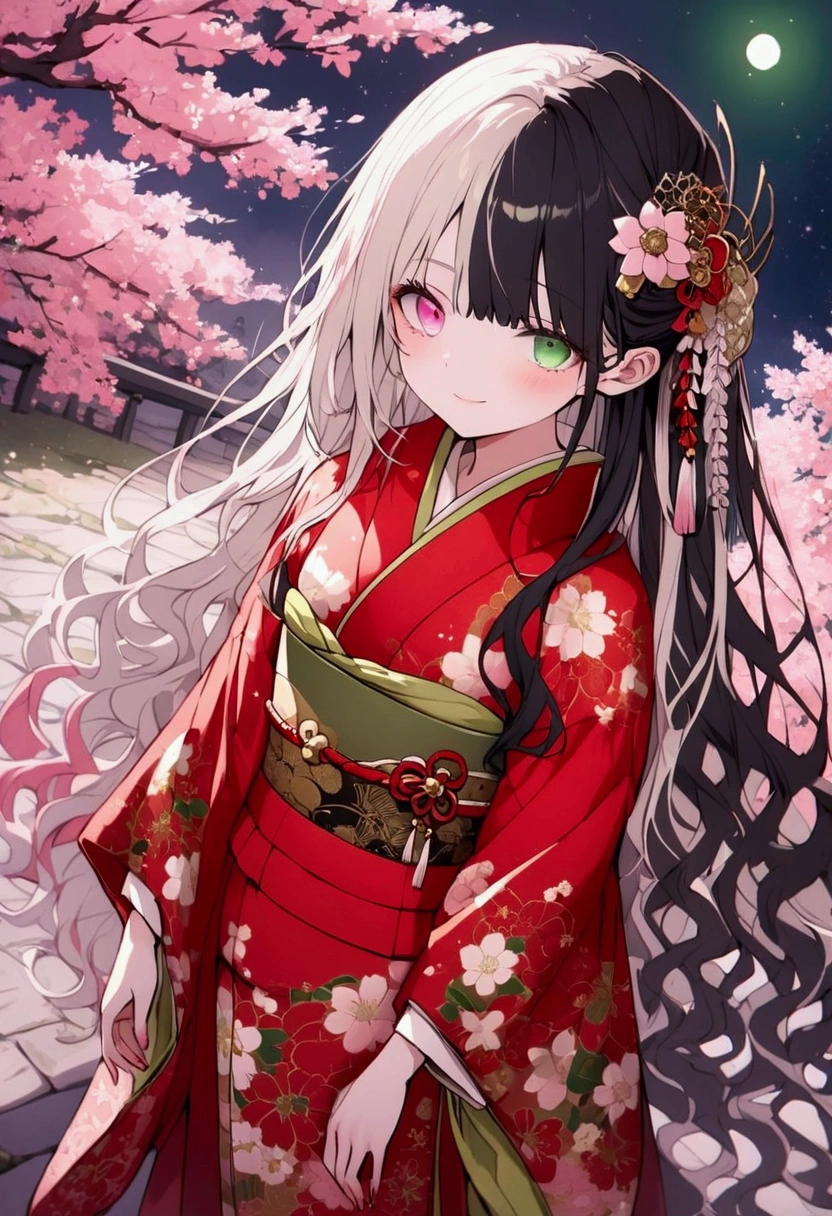 Full body angle, solo, long Wavy black hair and platinum blonde half & half colored hair, half updo, hair flowing beautifully,  elegant kanzashi, young woman with green color & pink color heterochromia eyes, soft smile expression, elegant red furisode with flower pattern, elegant necklace, japanese socks, kimono geta, standing near sakura trees, beautiful night 