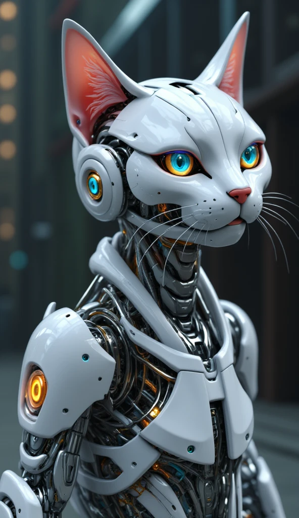 a painting of a kawaii robot cat, biomechanical,  complex robot, hyper realistic, insane fine details, Extremely sharp lines, cyberpunk aesthetic, a masterpiece, featured on zbrush central   