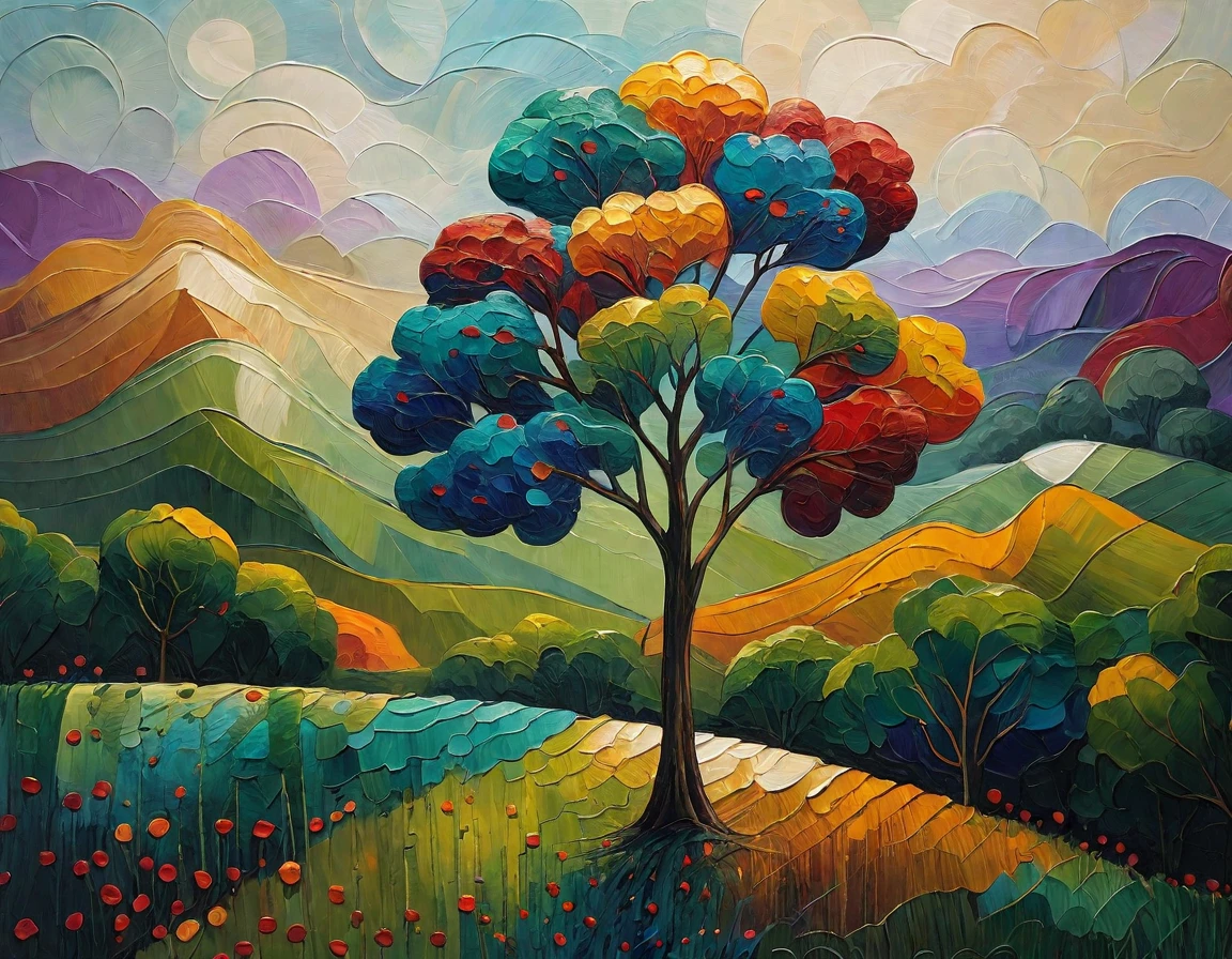 Top quality, high resolution, best composition, impasto oil painting, abstract art, high quality oil painting, palette knife painting, cubist tree painting, colorful and rich in details, vibrant abstract landscape, vibrant scenery, fantasy landscape art, stylized painting brush stroke oil painting, a painting of one large tree symbolically standing in the middle of a field, there are several trees in the background, the tree grows in a vast grassland, detailed landscape, high resolution digital art, high quality desktop wallpaper.